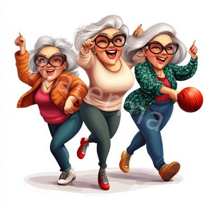 Vecchie signore che giocano a bowling clipart, 12 jpg, grafica femminile, anziani, download digitale, album, diario spazzatura, artigianato digitale con carta