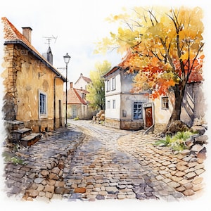 Clipart acquerello di strada autunnale, 10 JPG, clipart paesaggio autunnale, diario spazzatura, clipart wall art, clipart per la creazione di carte, download digitale