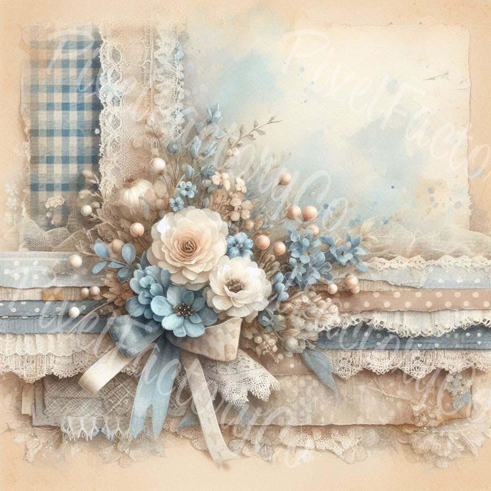 Blue Floral Calico Paper: Vintage Scrapbook Clipart (digital Download ...