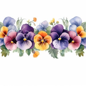 Blumen Bordüre Aquarell Clipart, 12 JPG, digitaler Download, digitale Papiermodelle, Stiefmütterchen Bordüre, Kartenherstellung, Wandkunst, digitaler Planer