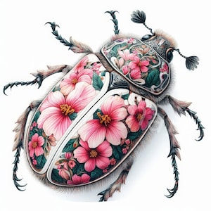 May include: A detailed illustration of a beetle with a white shell covered in pink flowers and green leaves. The beetle has black legs and antennae.