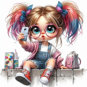 Clipart drôle de fille, 12 JPG, téléchargement numérique, folle et décalée prend un selfie avec un smartphone, illustrations pour enfants, papier créatif, albums de coupures
