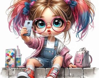 Può includere: Un'illustrazione di un cartone animato di una ragazza con i capelli rosa e blu che indossa un maglione rosa, una salopette blu e scarpe da ginnastica rosse. Tiene uno smartphone in mano e ha uno zaino sulla spalla.