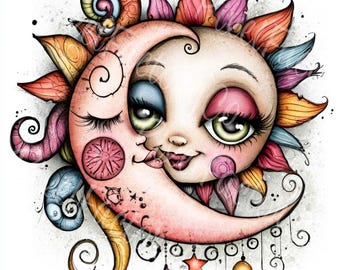 Sun And Moon Clipart Whimsical Folk Art Digital Download For Printable Crafts 12 JPG