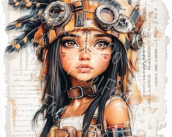 Steampunk Indian Girl Clipart, Vintage Style (Digital Download)