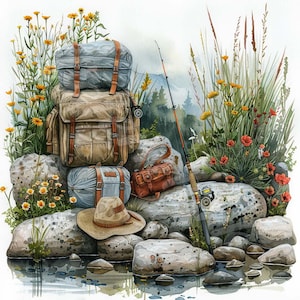 Può includere: Un dipinto ad acquerello che rappresenta una scena di campeggio con una canna da pesca, uno zaino e un cappello su rocce vicino a un ruscello. La scena è circondata da piante verdi e fiori.