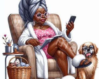 Funny Black Grandma Clipart: Watercolor Senior Woman JPG (Digital Download)