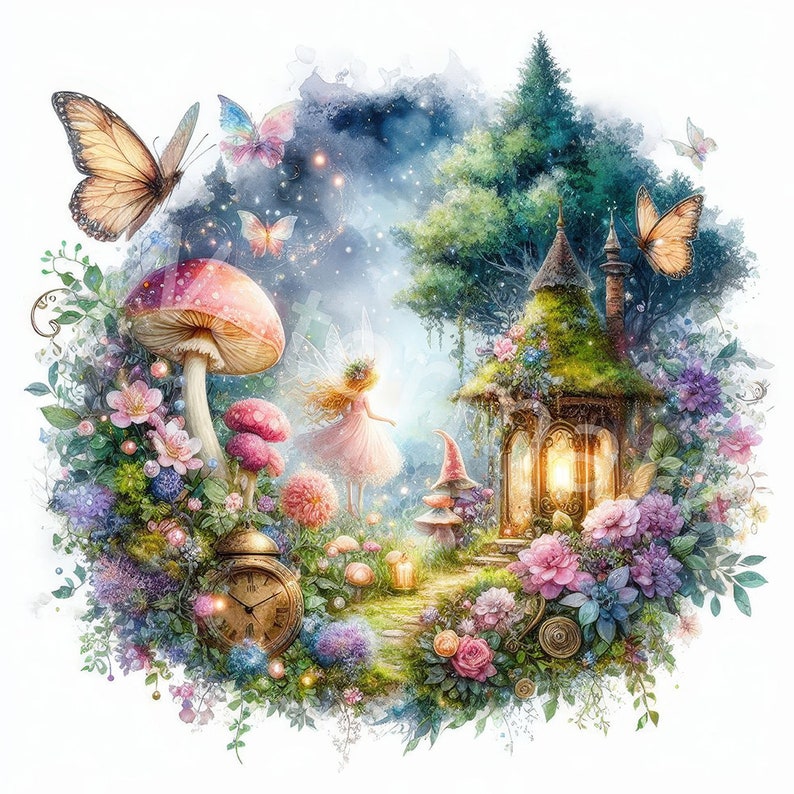 May include: A whimsical illustration of a fairy in a pink dress standing in a magical forest. The scene features a mushroom house with a lantern, a clock, and a variety of flowers and butterflies.