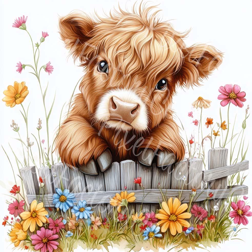 Floral Highland Cow Clipart: Baby Calf Illustration (digital Download ...