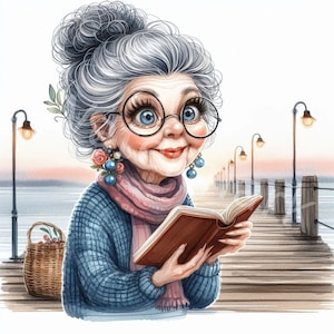 Elegant old lady with book clipart, 12JPG, modern grandma clipart, elderly people, digital download, junk journal, paper craft, scrapbooks
