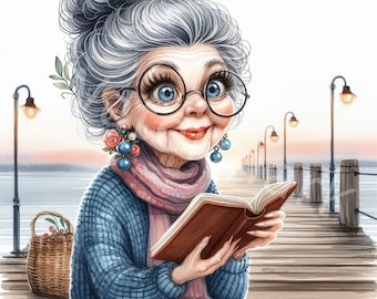 Grandma Reading Clipart: Watercolor Style, Elderly Woman Art (Digital Download)