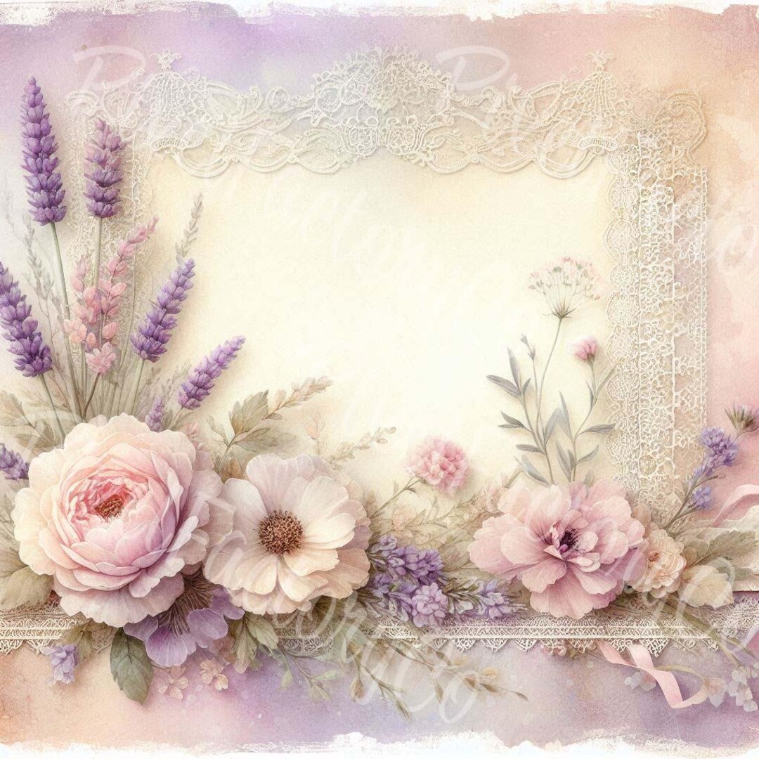 Vintage Floral Frame Paper: Shabby Chic Roses, Lavender (digital JPG ...