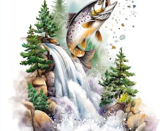 Jumping Trout Clipart: Waterfall Scene, Rustic Fishing Art (Digital Download)