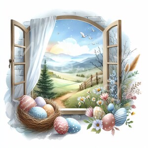 May include: A watercolour painting of a window with a view of a green, rolling landscape. The window is open and there is a white curtain blowing in the breeze. A nest with colourful Easter eggs sits on the windowsill.