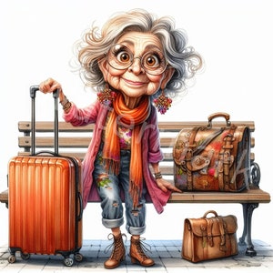 Lustige alte Dame auf der Straße Clipart, 12JPG, verrückte Oma mit Koffern, digitaler Download, Kartenherstellung, Papierherstellung, Scrapbooking