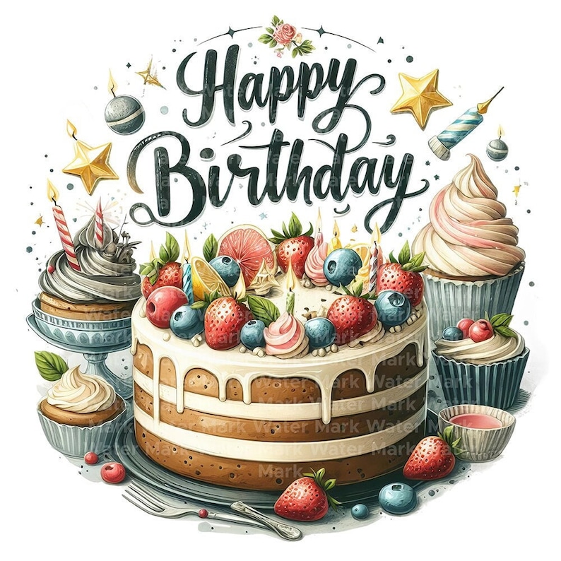 Watercolor Birthday Clipart: Cake & Wishes PNG Images (digital Download ...