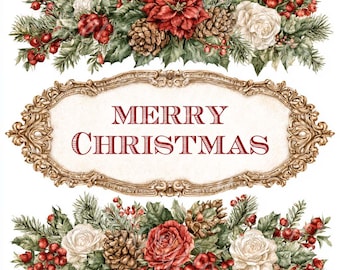 Vintage Christmas Clipart Victorian Holiday Frames Festive Florals Junk Journal Digital Download 18 JPGs