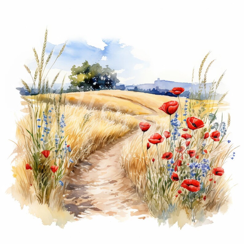 May include: A watercolor painting of a dirt path winding through a field of golden wheat. Red poppies and blue wildflowers bloom along the path.