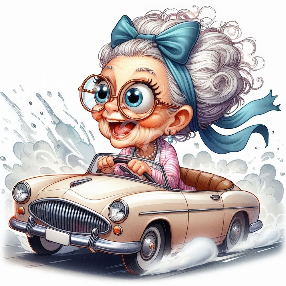 面白いおばあちゃんの運転手クリップアート：水彩画のおばあちゃんたち