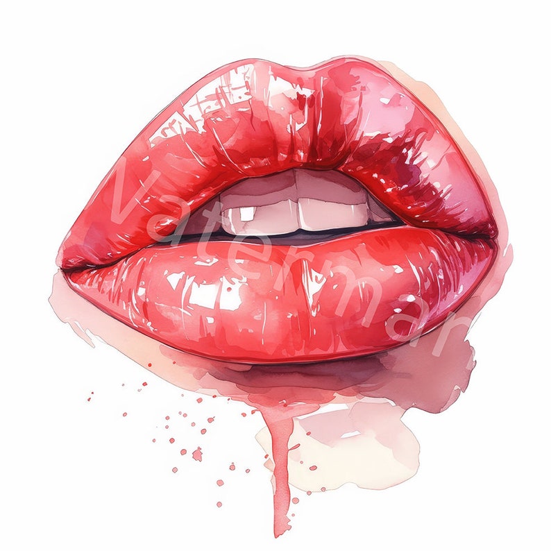 May include: A close-up of red lips with glossy lipstick. The lips are slightly parted, revealing a hint of teeth. The image has a watercolor effect, with pink and red splatters around the lips.