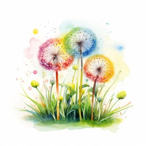 Clipart acquerello di tarassaco, 12 jpg, download digitale, artigianato di carta digitale, acquerello arcobaleno, creazione di biglietti, creazione di inviti, diario spazzatura