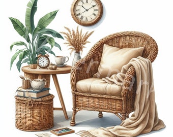 Wicker Chair Clipart: Watercolor Reading Corner Graphics (Digital Download)
