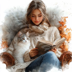 Ragazza con gatto Clipart Ragazza con libro Illustrazioni Donne Carta Artigianato Adesivi Album di ritagli Creazione di biglietti Diario spazzatura Download digitale 12 JPG