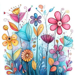 気まぐれな花のクリップアート JPG カラフルなファンタジー花のイラスト デジタルアート 印刷可能な野生の庭のアートワーク 装飾的な花のデザインカード