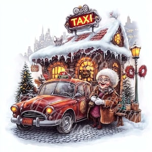 Drôle d'hiver taxi grand-mère Clipart Noël vintage JPG en téléchargement numérique pour la fabrication de cartes, des projets d'artisanat et de conception de vacances utiliser Junk Journal