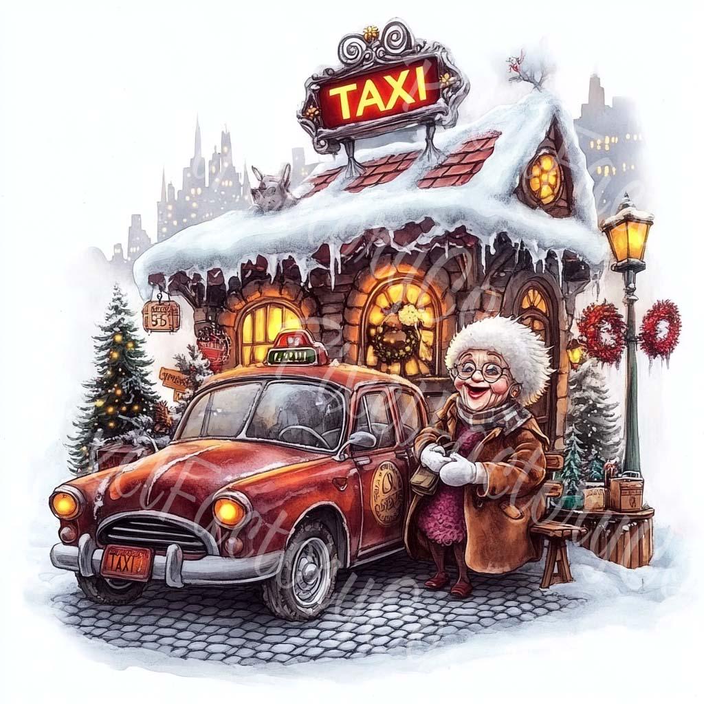 Funny Winter Taxi Grandma Clipart Vintage Christmas JPG Digital Download for Card Making Craft Projects and Holiday Design Use Junk Journal