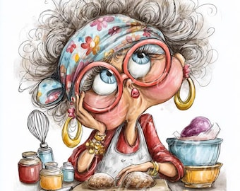 Retro Grandma Baking Clipart Set: Funny Kitchen Art (Digital Download, 12 JPGs, 4096x4096 px)