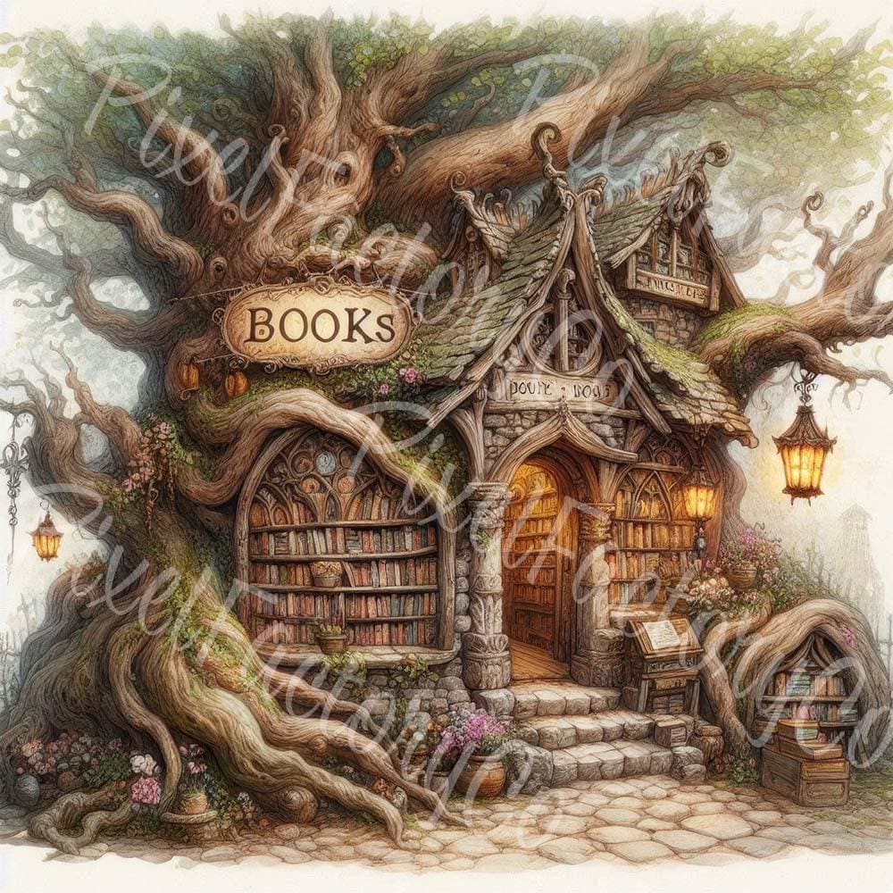 Fantasy Tree Bookstore Clipart: Enchanted Library Art (12 JPG Digital ...