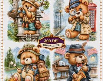 Teddy Bear Hobby Clipart Bundle Digital Download Junk Journal Cards Scrapbooking 12 JPG