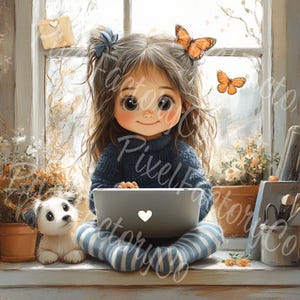 Cute Girl With Laptop Clipart Autumn Cozy Scene Digital JPG Clip Art for Cards Wall Art Journals Kids Room Printable Decor Scrapbook Sticker
