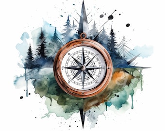 Compass watercolor clipart, 12 jp, digital download, geographic clipart,card making, junk journal,digital scrapbooking, digital paper crafts
