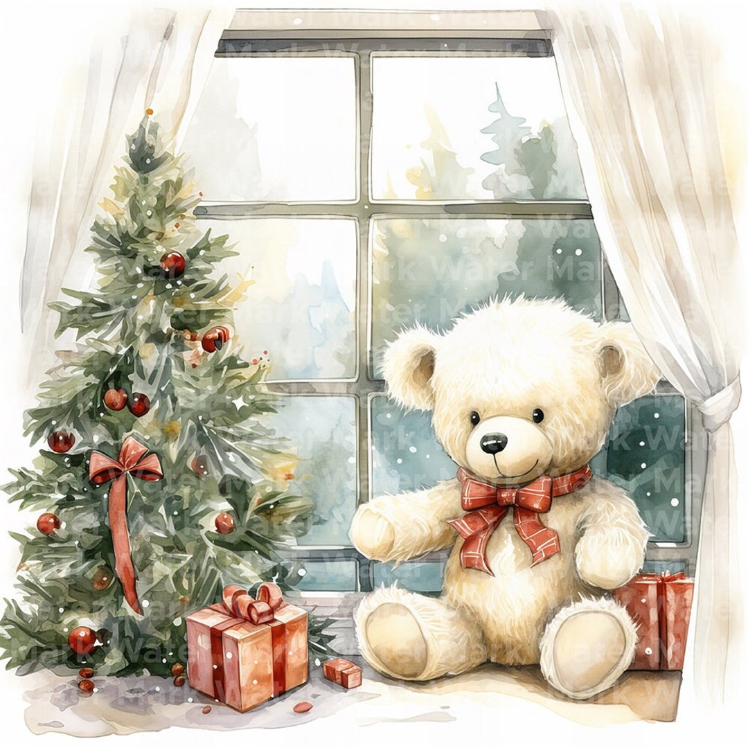 Watercolor Christmas Teddy Bear Clipart: Holiday Card Making (digital ...