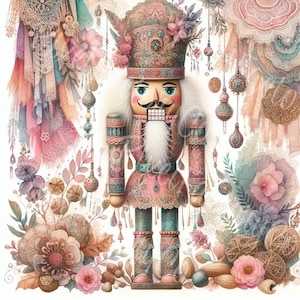 May include: A decorative wooden nutcracker in shades of pink, teal, and beige, adorned with floral and ornamental details. The nutcracker has a white beard and mustache, and is surrounded by floral and lace embellishments, creating a whimsical, festive theme.