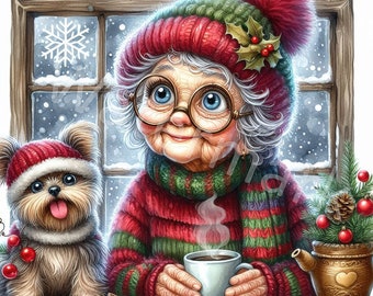 May include: A smiling woman with white hair wearing a red and green knit hat and scarf holds a white mug of hot cocoa. A small brown and white dog wearing a red knit hat sits next to her. A snowy winter scene is visible through the window behind them.