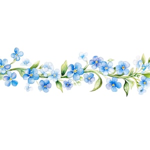 May include: A watercolor illustration of a border of blue forget-me-not flowers with green leaves and stems.
