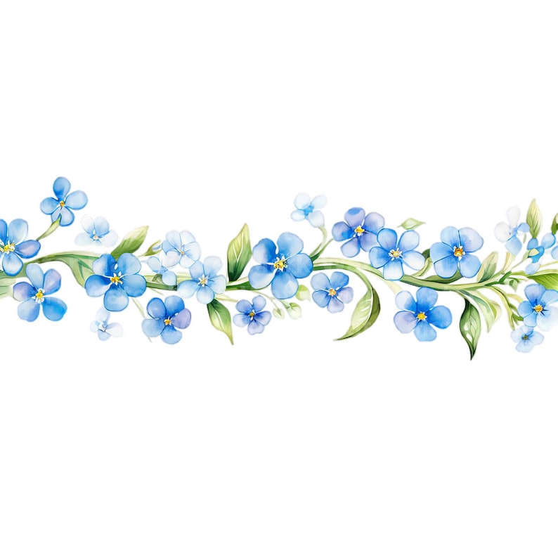 May include: A watercolor illustration of a border of blue forget-me-not flowers with green leaves and stems.