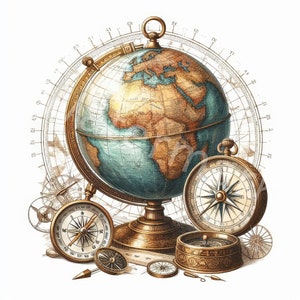 Aquarell Globus Clipart, 12 JPG Kompass Clipart Geographie Clipart Kartenherstellung Junk Journal Sammelalben Digitales Papierhandwerk Digitaler Download