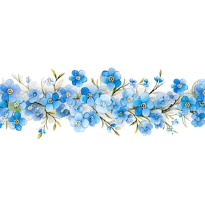 May include: A watercolor illustration of a border of blue forget-me-not flowers with green stems and leaves.