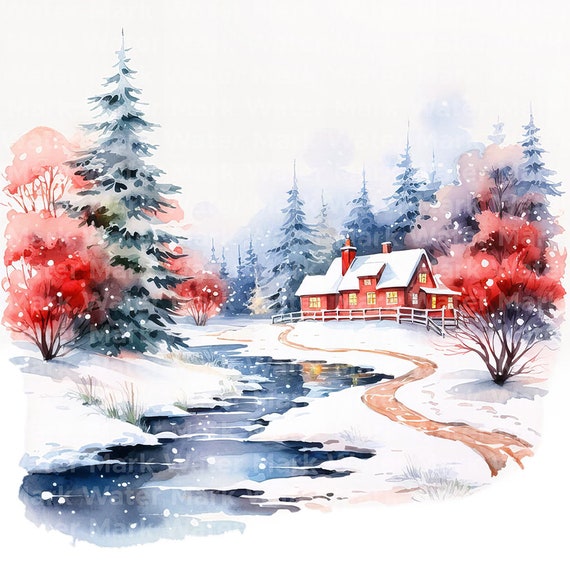 水彩画の冬の風景クリップアート：コテージの風景（デジタル