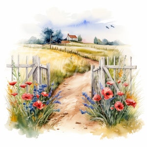 May include: A watercolor painting of a white picket fence gate leading to a dirt path through a field of wheat. The path leads to a small white house in the distance. Red poppies and blue flowers grow along the sides of the path.