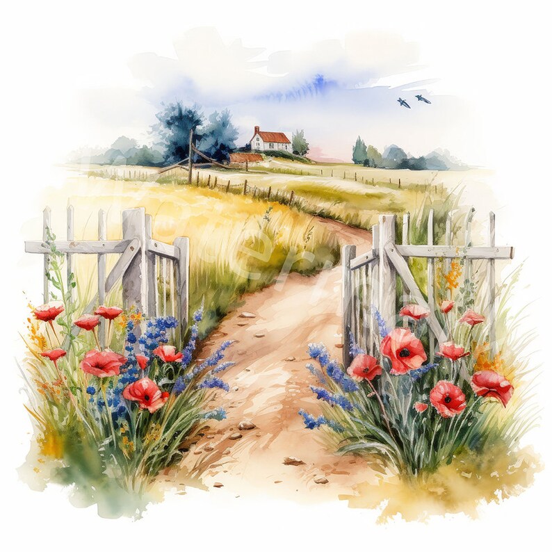 May include: A watercolor painting of a white picket fence gate leading to a dirt path through a field of wheat. The path leads to a small white house in the distance. Red poppies and blue flowers grow along the sides of the path.