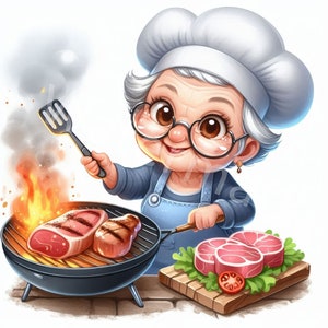 Lustige alte Dame Grillen Clipart, 12 JPG, verrückte Oma, Senioren, gegrillte Rindersteaks, digitaler Download, Junk Journal, Papiermodelle, Scrapbook