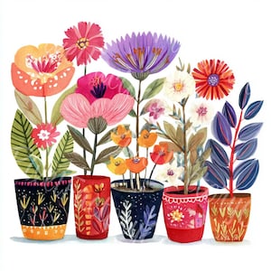 May include: A watercolour illustration featuring a variety of colourful flowers in decorative pots. The flowers include orange, pink, red, and purple blooms with green foliage. The pots are black, red, and orange with various patterns.