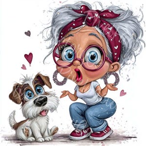 Peut inclure: Illustration de dessin animé d'une femme surprise aux grands yeux bleus, portant un bandeau rouge, des lunettes et des boucles d'oreilles. Elle est accroupie à côté d'un petit chien au pelage marron et blanc. Des cœurs roses flottent en arrière-plan.