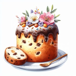 Op de afbeelding: Een traditionele paascake versierd met chocolade glazuur, kleurrijke sprinkels en een bloemstuk van roze, witte en paarse bloemen. De cake staat op een wit bord met een gouden lepel.
