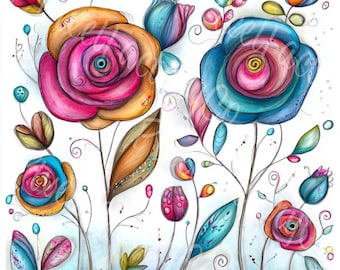 Clipart di rose astratte: stampe artistiche floreali stravaganti (download digitale, 12 JPG 4096x4096 px)